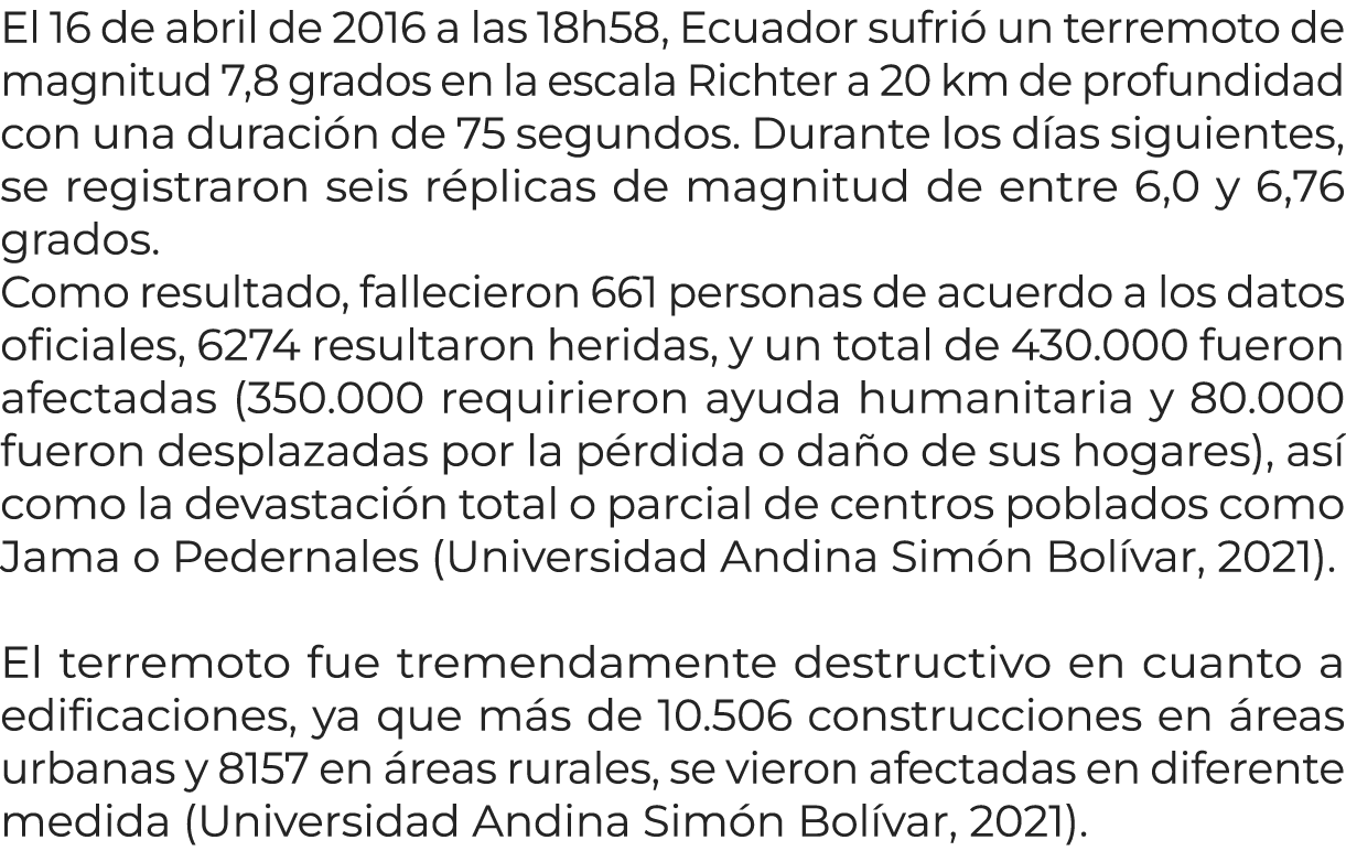 El 16 de abril de 2016 a las 18h58, Ecuador sufri un terremoto de magnitud 7,8 grados en la escala Richter a 20 km d...