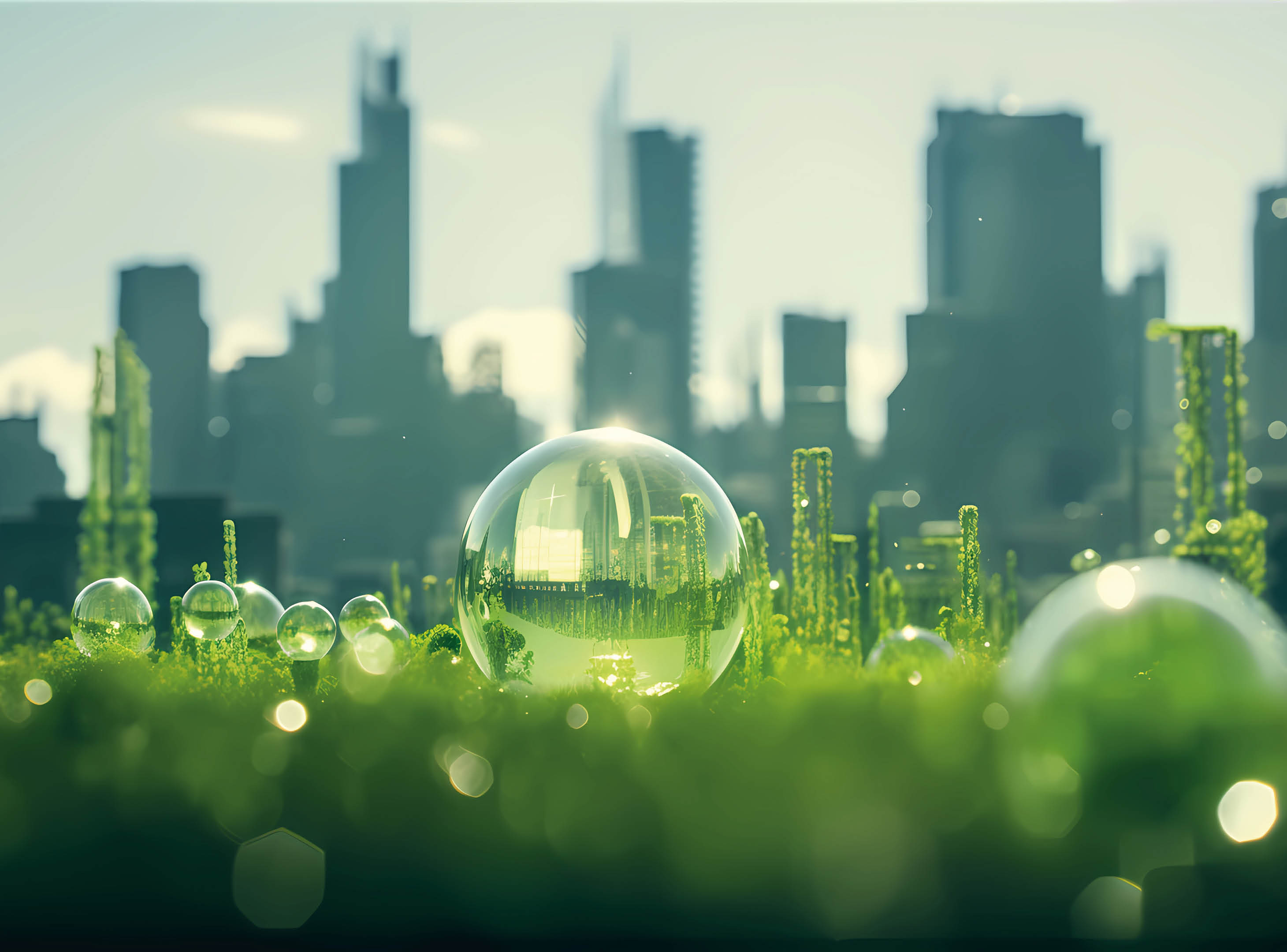 Blurred bright day in the city. Green colors. Motion of the city. Background with bokeh and summer vibe.