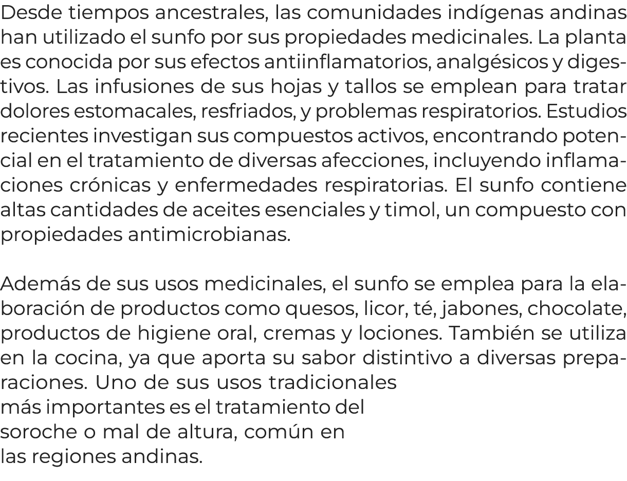 Desde tiempos ancestrales, las comunidades ind genas andinas han utilizado el sunfo por sus propiedades medicinales. ...