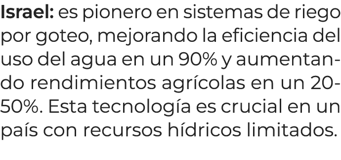 Israel: es pionero en sistemas de riego por goteo, mejorando la eficiencia del uso del agua en un 90% y aumentando re...